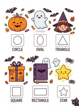 Cute halloween shapes educational activity vector illustration, kawaii pumpkin ghost witch box spell book and star with geometric shapes, and preschool learning worksheet.  
