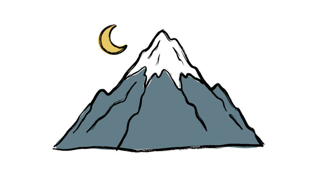Minimalist 2D Flat Vector Illustration of a Singular Mountain Peak with a Small Crescent Moon Night