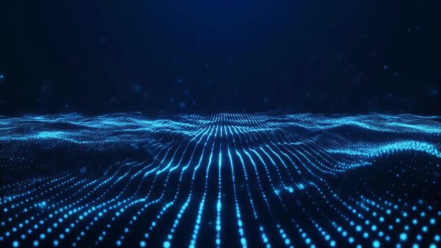 Glowing blue particle wave horizon with plexus nodes for big data and artificial intelligence background