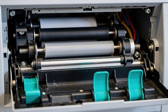 Close up of open ATM thermal printer mechanism. Technician repairs refills paper roll inside banking machine. Electronic cash terminal hardware showing internal rollers, technical components for