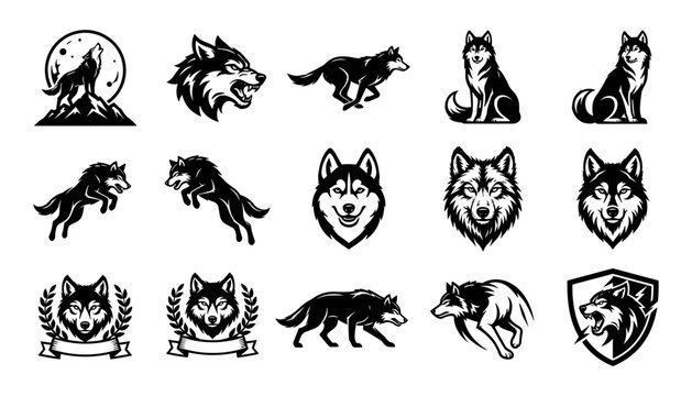 Wolves in Assorted Poses and Emblem Designs in Black Vector Style