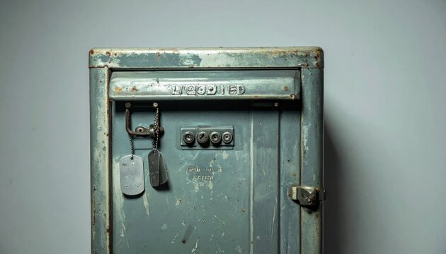 Vintage Metal Locker with Key and Combination Lock, Aged and Weathered.