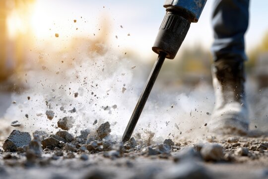 Construction worker using a pneumatic jackhammer to break concrete on a construction site with flying debris and dust during daytime work
