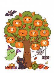 Fototapeta premium Cute halloween pumpkin tree counting activity illustration, kawaii ghost black cat spider and numbered pumpkins vector art, and autumn educational worksheet. Flat and modern vector design.