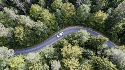 Obraz premium The Car Navigating a Serpentine Forest Road Through Dense Greenery