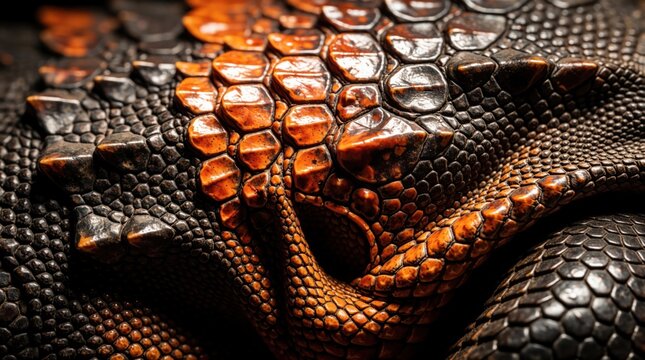 Close-up view of reptile skin texture. Detailed scales show intricate patterns in dark orange and black hues. Surface reveals rough, natural design, animalistic.