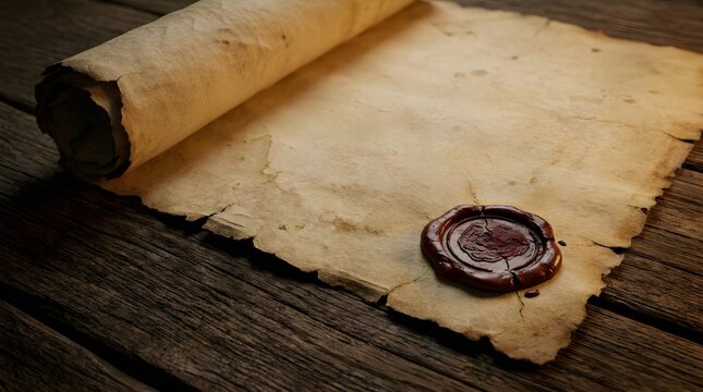 Aged manuscript scroll with wax seal vintage literacy concept