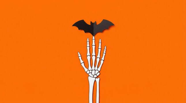 Skeleton hand holding paper bat on orange background