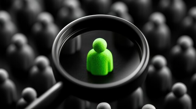 Magnifying glass focuses on a single bright green figure among a crowd of dark figures