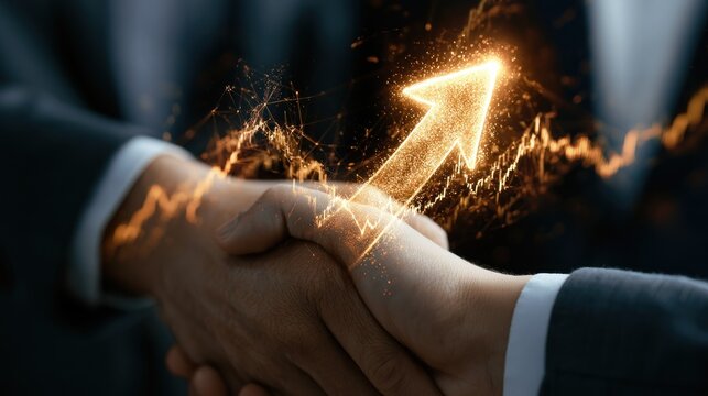 Business handshake with glowing upward arrow and stock market graph symbolizing growth and success