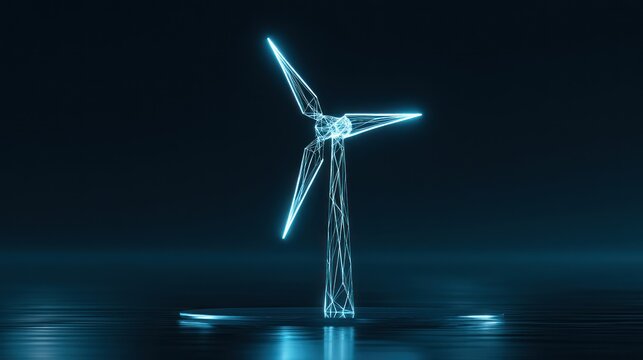 3 d wireframe wind turbine with blue neon lights on dark background