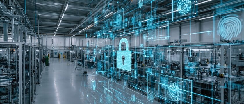 Factory security digital lock and fingerprint overlay with manufacturing floor