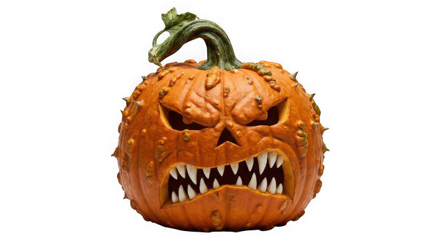 Scary carved jackolantern pumpkin with sharp teeth isolated on transparent background