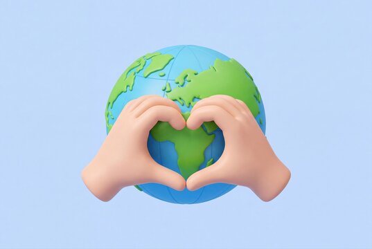 3D hands making a heart shape around a globe representing global love and sustainability