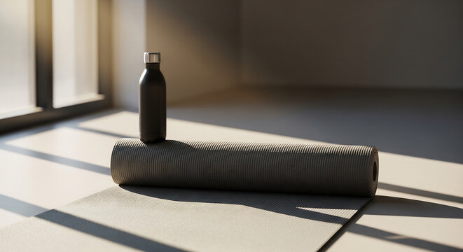 Minimalist yoga mat and water bottle in a sunlit room