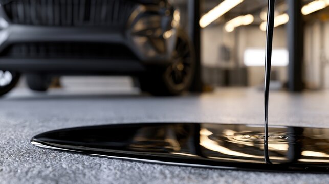 Viscous black liquid leaking on a rough garage floor with a blurred vehicle in the background in a modern industrial setting