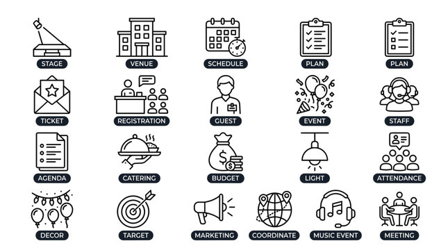 Event management planning and conference organization line vector icon set featuring stage venue schedule catering decor budget symbols