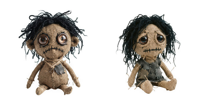 Two handmade burlap voodoo dolls with black yarn hair isolated on transparent background
