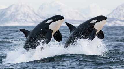 Fototapeta premium The Orcas Leaping From Foamy Water Beneath Snowy Mountain Backdrop