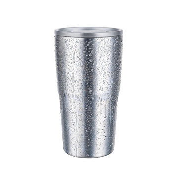 Cold drink condensation on silver metal cup png image showing refreshing moisture droplets on surface of container