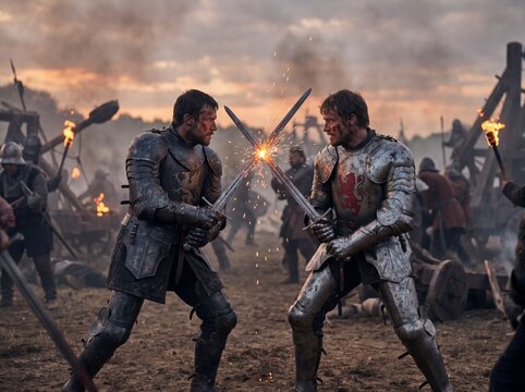 Two knights in full armor clash swords on a chaotic battlefield at dusk, sparks flying.