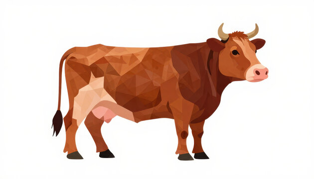 Low poly brown cow illustration. Geometric farm animal isolated on white background.