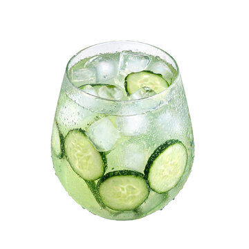 Cold drink with cucumber slices and ice cubes showing condensation on glass png isolated on transparency background