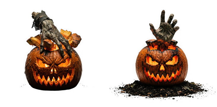 Two spooky halloween jackolanterns with zombie hands emerging from the top, isolated on transparent background