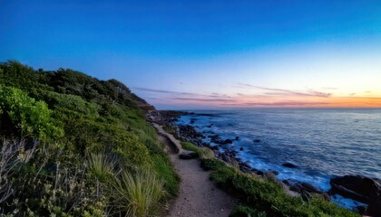 Obraz premium Serene coastal path at sunset ocean.