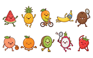Obraz premium Kawaii fruit characters set, 10 cute cartoon fruits doing sports and fitness activities, healthy lifestyle stickers for kids