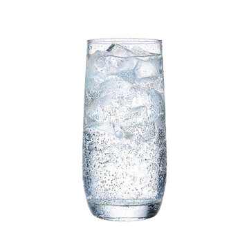 Cold drink with condensation on glass filled with ice cubes and sparkling water in png format