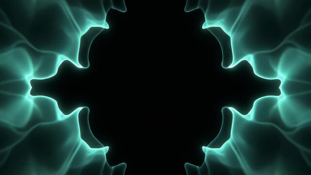 Soft warm-teal plasma mass splits into two glowing fragments, connective tendrils thinning and releasing as fragments drift apart against deep black, creating dramatic futuristic energy motion.