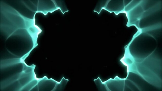 Soft warm-teal plasma mass splits into two glowing fragments, connective tendrils thinning and releasing as fragments drift apart against deep black, creating dramatic futuristic energy motion.