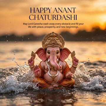 Lord ganesha idol submerged in water during anant chaturdashi festival, with golden sunset background, and celebratory text, greeting, hindu deity, statue in river splash