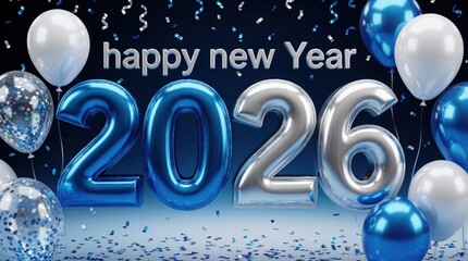 Obraz premium Metallic blue and silver balloons with confetti celebrate New Year 2026. Festive decoration with shiny numbers and text happy new Year. Party background with glossy balloons.