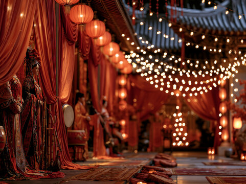Traditional stage with ethnic costumes and classical instruments, crimson drapes and red lanterns, ancient curved roofs under warm golden light. Right negative space ideal for cultural tourism...
