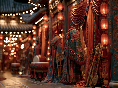 Traditional stage with ethnic costumes and classical instruments, crimson drapes and red lanterns, ancient curved roofs under warm golden light. Right negative space ideal for cultural tourism...