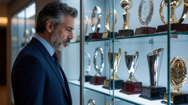Side profile of mature grey bearded businessman in blue suit looking at gold trophies in glass display case. Successful executive contemplates career achievements, pro excellence observing award