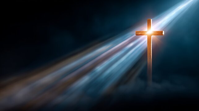 Wooden cross illuminated by light beams in dark space