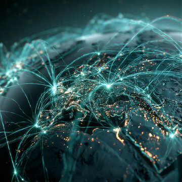 Holographic blue globe with glowing cyan flight network, luminous nodes, dark cosmic background with volumetric rays. Right copy space suits airline, tourism, and tech campaign hero layouts.
