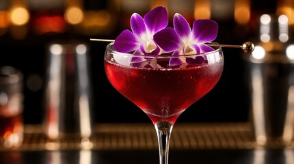 Fototapeta premium Elegant red cocktail in martini glass with purple orchid garnish. Sophisticated alcoholic drink sits on bar counter with metal shakers in dark background. Luxury beverage for party, wedding, night