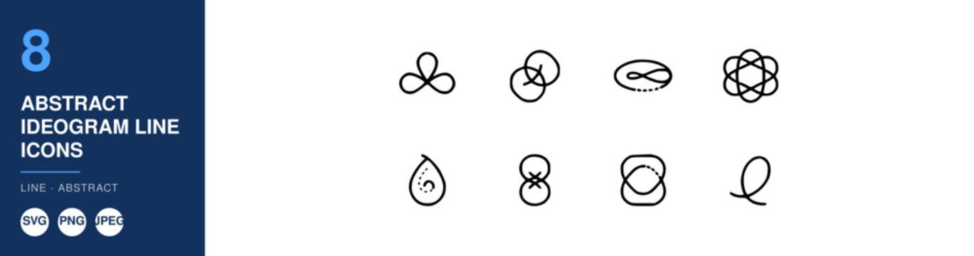 Abstract Ideogram Line Icons Set with Minimalist Design and Geometric Symbols on Dark Blue Background
