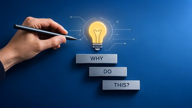 Digital transformation justification concept with stylus pointing to tech lightbulb above why do this metallic blocks