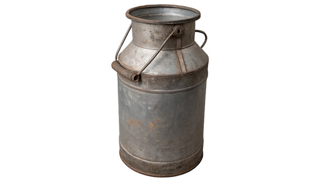 Old vintage metal milk can container isolated on transparent background for farm agriculture