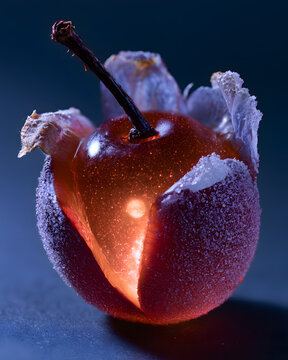 Sugar Coated Cherry Split Open With a Glowing Orange Planet
