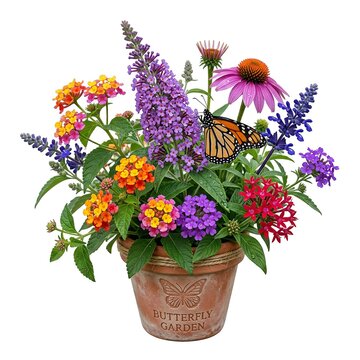 Monarch butterfly landing on vibrant pollinator flowers planted in decorative terracotta garden pot container with colorful arrangement with arrangement various nectar