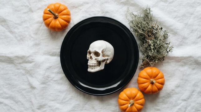 Minimalist Halloween white skull on black plate with pumpkins