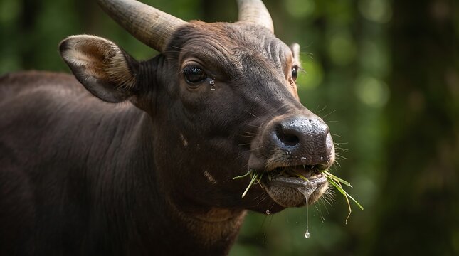 Close up of an anoa eating grass in the forest