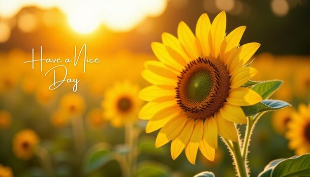 Have a Nice Day - sunflower glowing in warm golden sunset light, surrounded by a soft field of sunflowers. Greeting card.