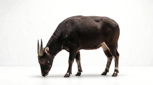 Anoa dwarf buffalo standing on white background